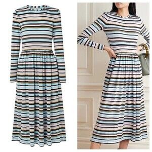 Stine Goya Joel Midi Dress Striped Long Sleeve Pastels Azure Stretch Jersey L